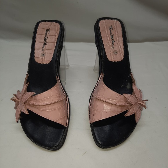 Vintage Thom McAn Pink Faux Croc with floral accent slip on low heel  6 - Picture 1 of 9